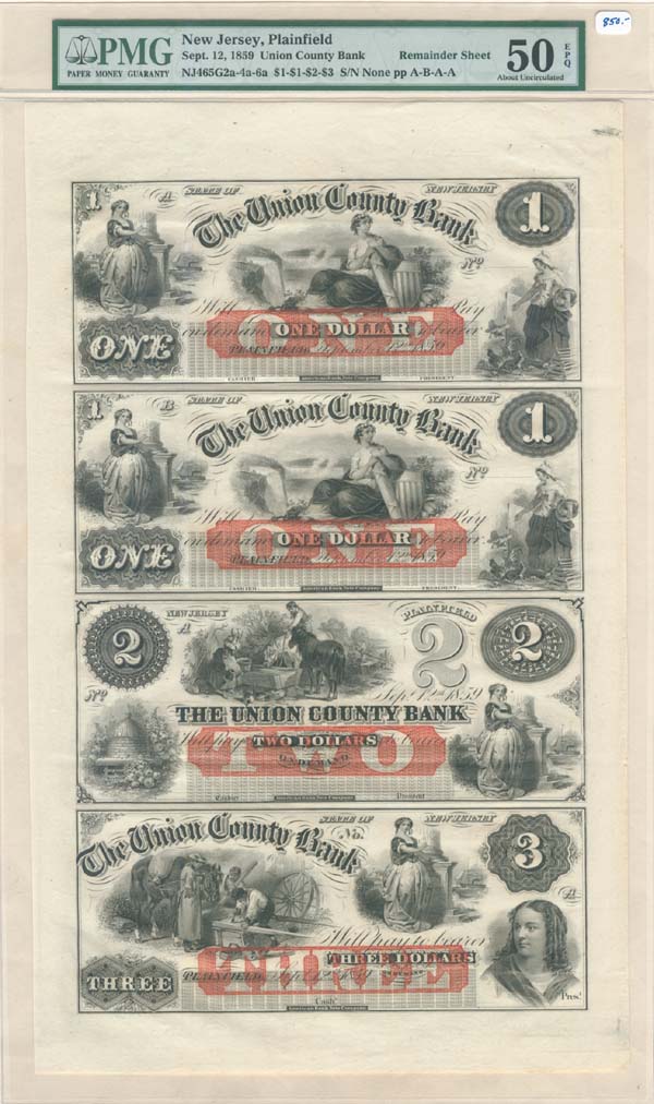 Union County Bank - Uncut Obsolete Sheet - Broken Bank Notes - PMG Graded